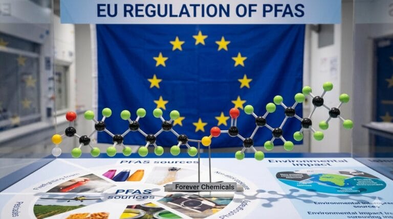 A display about EU regulation of PFAS shows a molecular model labeled “Forever Chemicals” in front of a European Union flag, with diagrams illustrating PFAS sources and environmental impact.