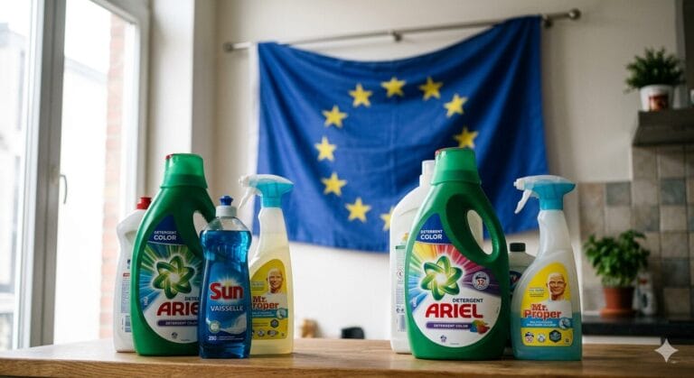 European Union flag alongside various detergent bottles symbolizing Regulation (EU) 2026/405 on detergents