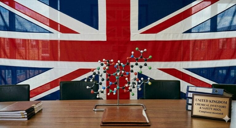 A large UK flag serves as the background for a professional boardroom table. In the center sits a complex molecular model, representing chemical substances. To the right, a stack of blue regulatory binders rests next to a formal plaque titled 