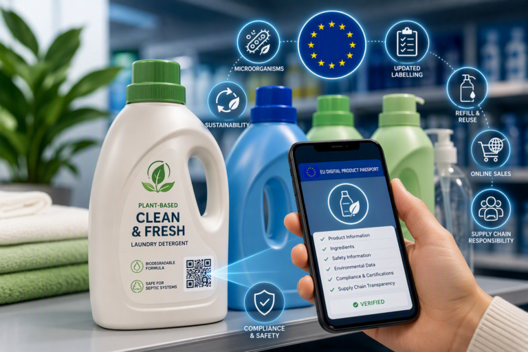 Consumer detergent products displayed alongside a smartphone scanning a QR code, illustrating Digital Product Passport and updated EU detergents compliance requirements.