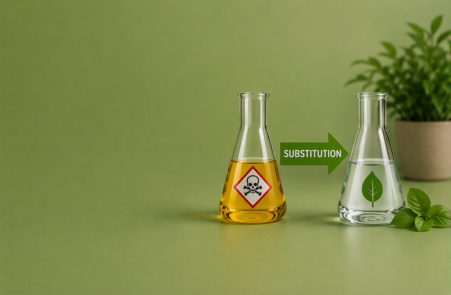 Illustration of hazardous chemical substitution, showing a toxic chemical being replaced with a safer, environmentally friendly alternative.