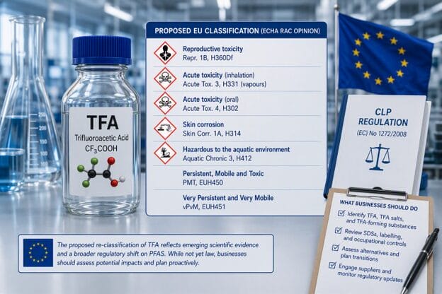 Illustration showing trifluoroacetic acid (TFA), ECHA's proposed hazard classifications, and PFAS regulatory implications in the European Union.