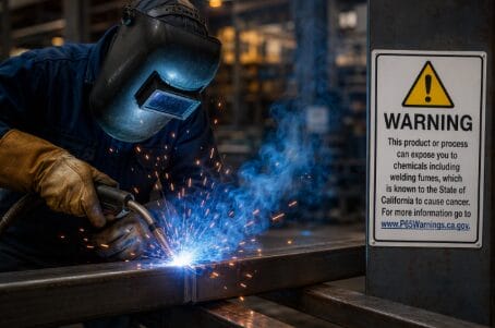 Industrial welder performing metal fabrication while welding fumes rise from the workpiece beside a California Proposition 65 warning sign about cancer risks associated with welding fumes.