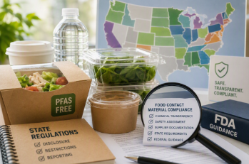 Illustration of food packaging materials and regulatory documentation highlighting FDA oversight, PFAS restrictions, and evolving state-level food contact material compliance requirements in the United States.
