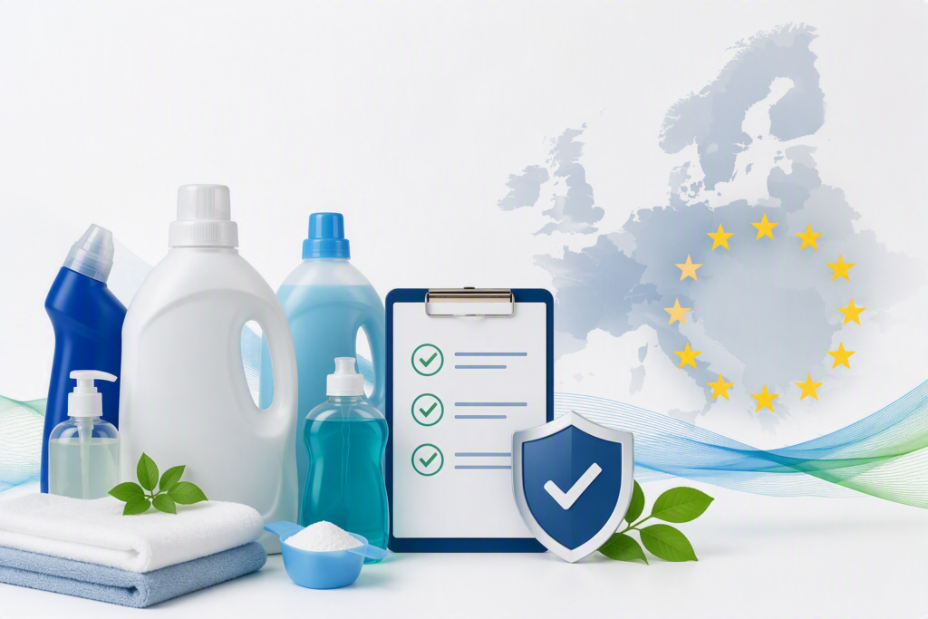 Detergent and household cleaning products with compliance checklist and EU market access symbols representing preparation for EU Detergents Regulation 2026/405 requirements.