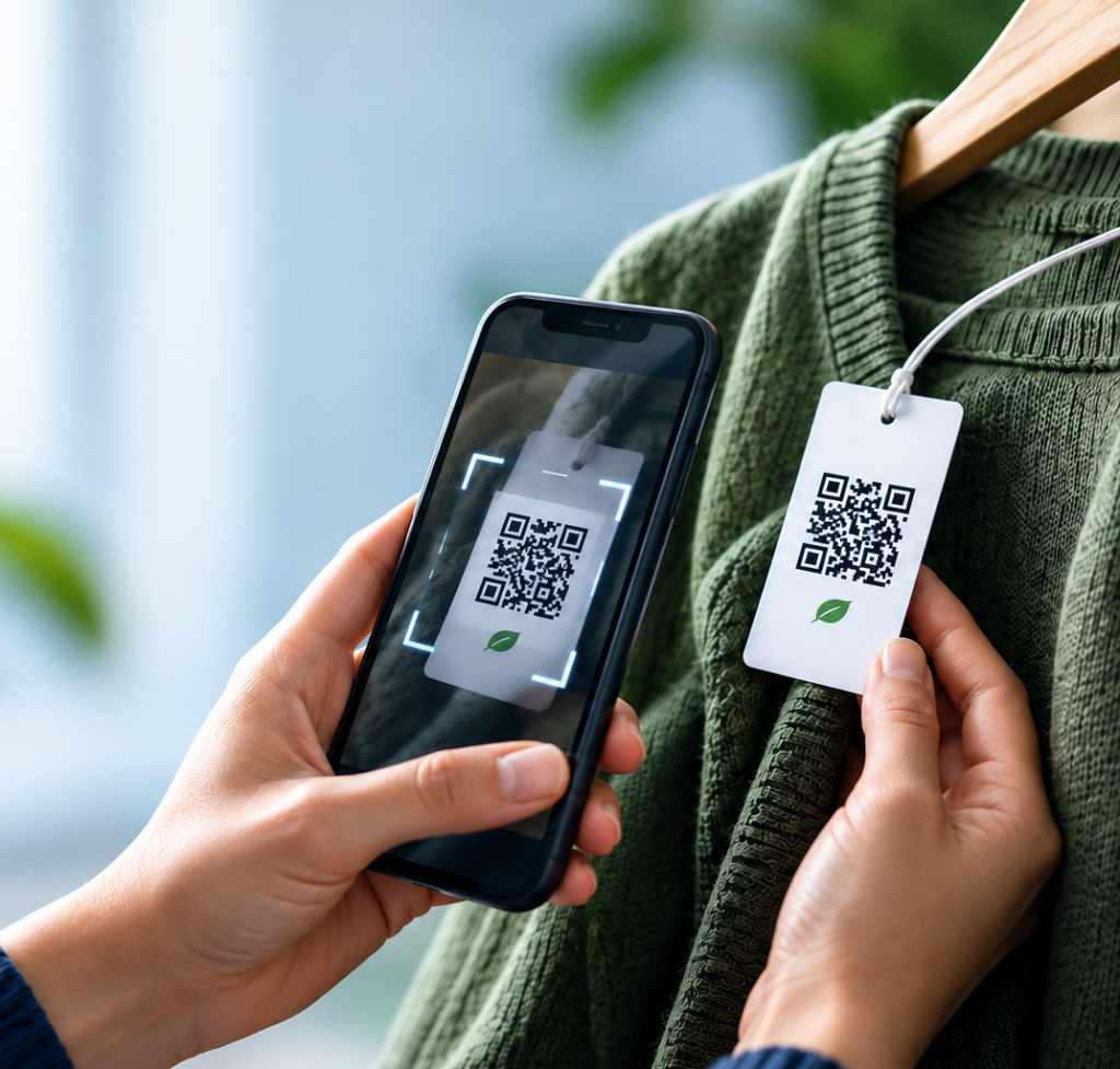 Person scanning a QR code on a clothing tag with a smartphone for a Digital Product Passport