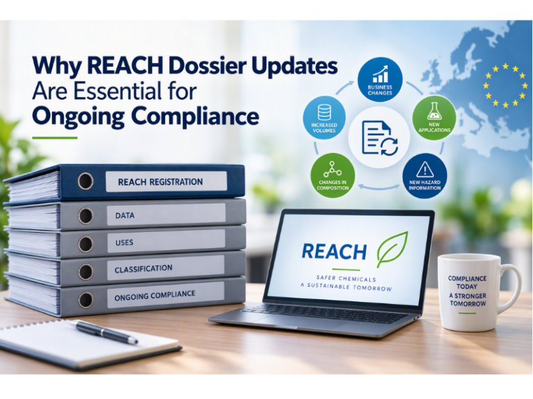 REACH registration dossier review and chemical compliance maintenance to ensure ongoing regulatory compliance with ECHA requirements.